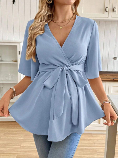 V-Neck Maternity Peplum Blouse with Flounce Sleeves and Adjustable Waist Belt in Dusty Pink for Work or Casual Wear