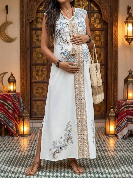White Paisley Print V-Neck Maternity Maxi Dress - Bohemian High Waist Side Slit Summer Vacation Dress - Sleeveless A-Line Casual Long Dress