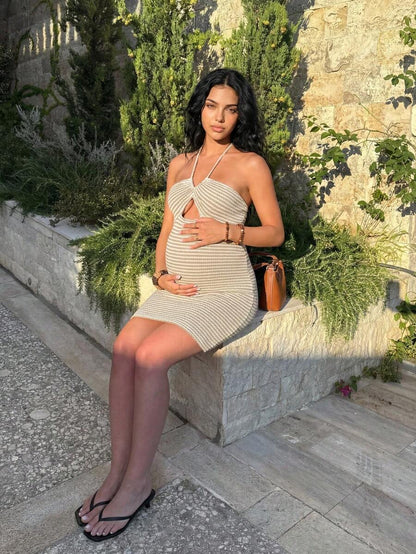 Maternity Apricot Knit Jacquard Hollow Out Halter Dress – Sexy Slim Fit Backless Zebra Zig Zag Texture Island Vacation Mini Cami Dress