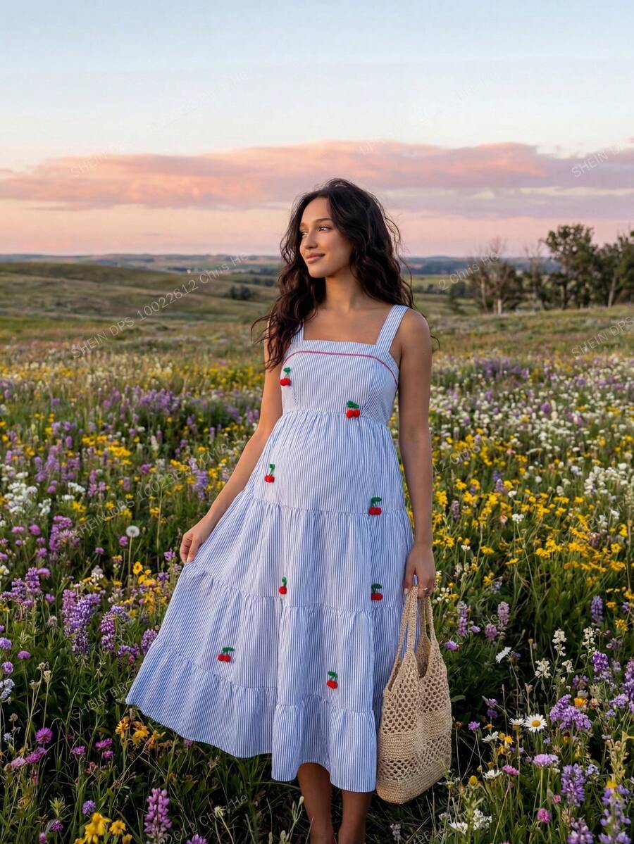 Maternity Cherry Decor Plaid Ruffle Hem Camisole Dress Picnic Dress For Woman Summer Maternity Dress Cherry Dress Women Midi Summer Dress Casual Sundress