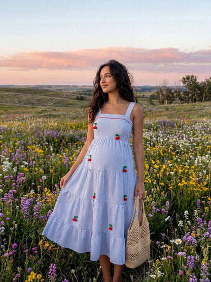 Maternity Cherry Decor Plaid Ruffle Hem Camisole Dress Picnic Dress For Woman Summer Maternity Dress Cherry Dress Women Midi Summer Dress Casual Sundress