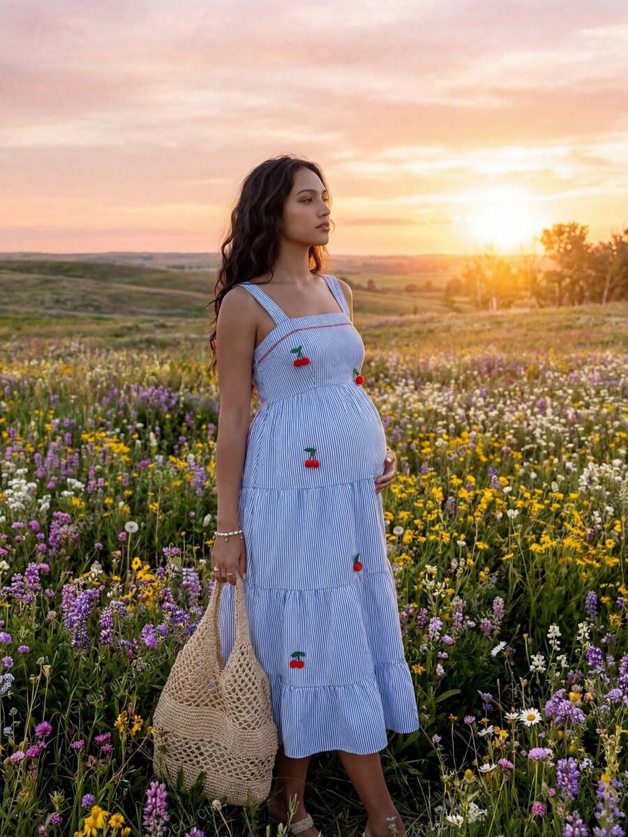 Maternity Cherry Decor Plaid Ruffle Hem Camisole Dress Picnic Dress For Woman Summer Maternity Dress Cherry Dress Women Midi Summer Dress Casual Sundress