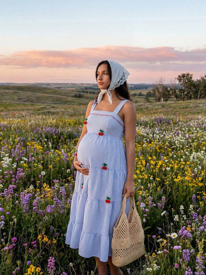 Maternity Cherry Decor Plaid Ruffle Hem Camisole Dress Picnic Dress For Woman Summer Maternity Dress Cherry Dress Women Midi Summer Dress Casual Sundress