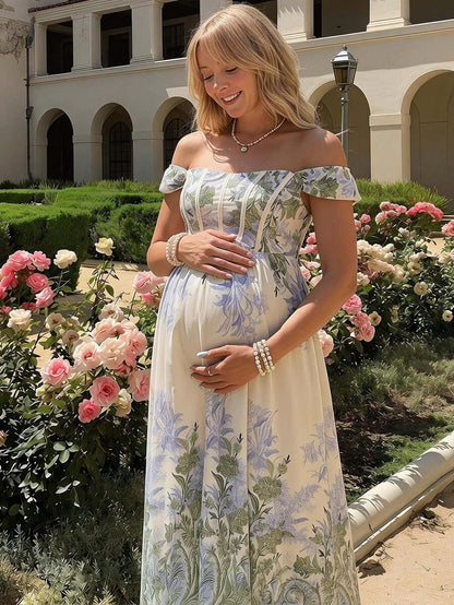 Blue and White Floral Off Shoulder Maternity Midi Dress - Elegant Puff Sleeve High Waist A-Line Party Dress - Boho Summer Vacation Outfit