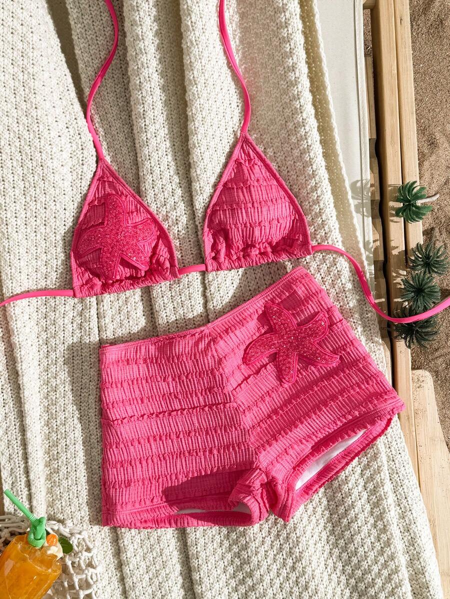 Women's 2-Piece Textured Bikini Set - Starfish Decor Halter, Tie Waist Shorts, Pale Yellow