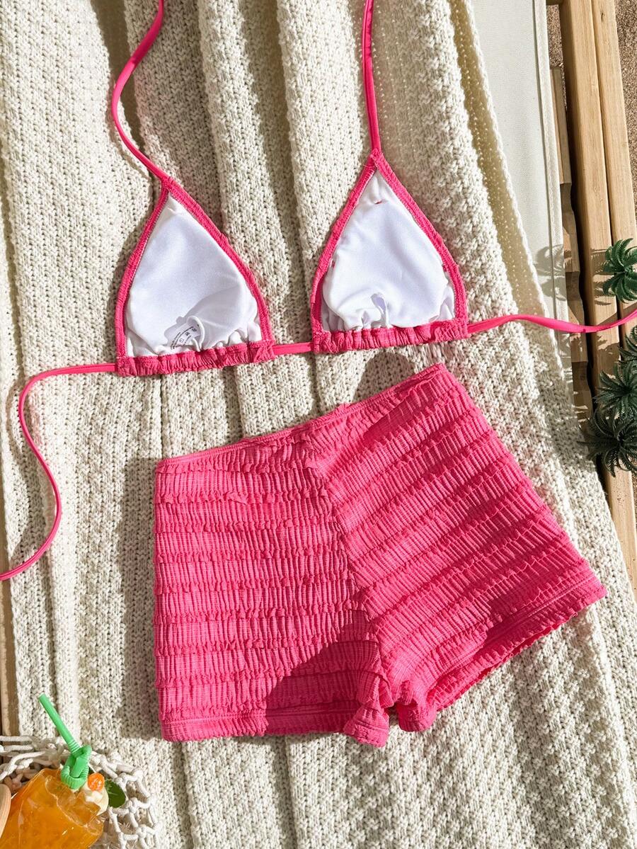 Women's 2-Piece Textured Bikini Set - Starfish Decor Halter, Tie Waist Shorts, Pale Yellow