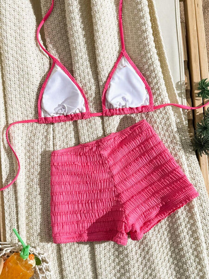 Women's 2-Piece Textured Bikini Set - Starfish Decor Halter, Tie Waist Shorts, Pale Yellow