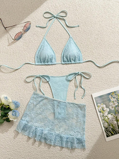 Women's 3-Piece Lace Bikini Set - Flounce Mini Skirt, Triangle Bra, G-String, Black