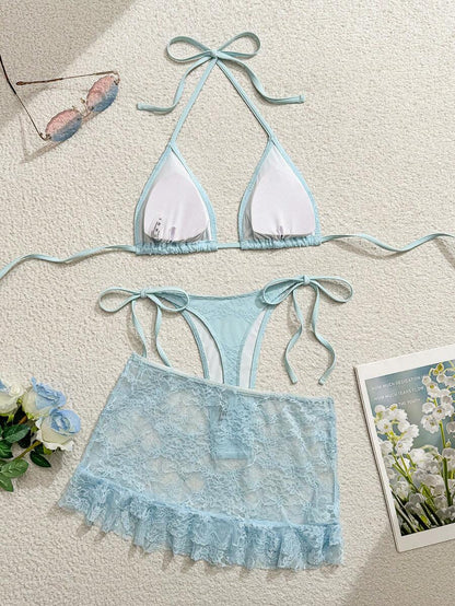 Women's 3-Piece Lace Bikini Set - Flounce Mini Skirt, Triangle Bra, G-String, Black