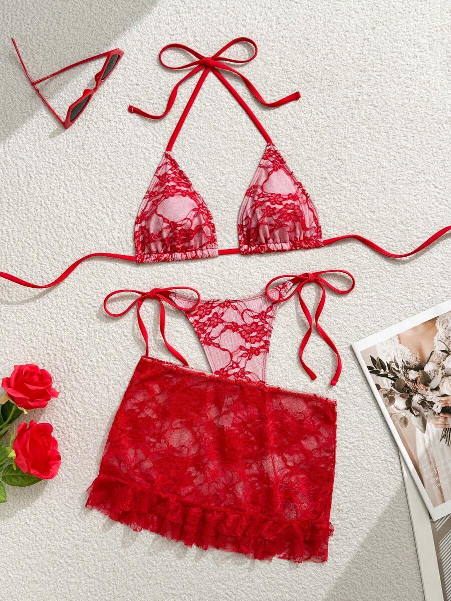 Women's 3-Piece Lace Bikini Set - Flounce Mini Skirt, Triangle Bra, G-String, Black