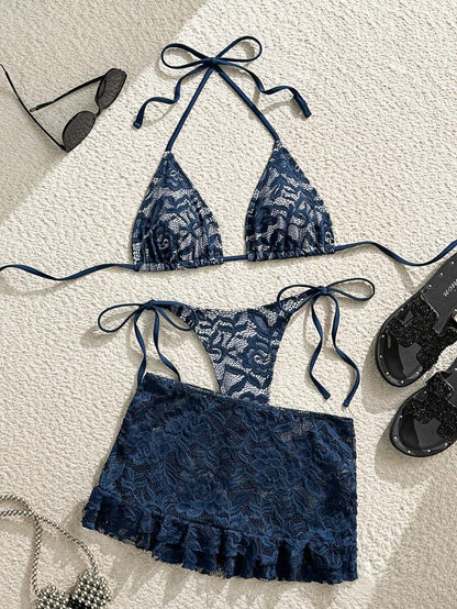 Women's 3-Piece Lace Bikini Set - Flounce Mini Skirt, Triangle Bra, G-String, Black