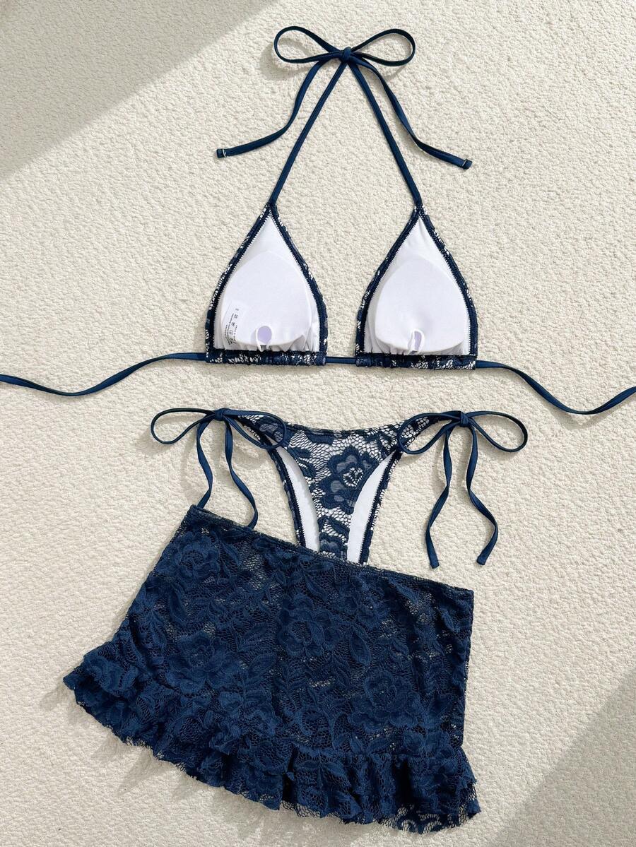 Women's 3-Piece Lace Bikini Set - Flounce Mini Skirt, Triangle Bra, G-String, Black