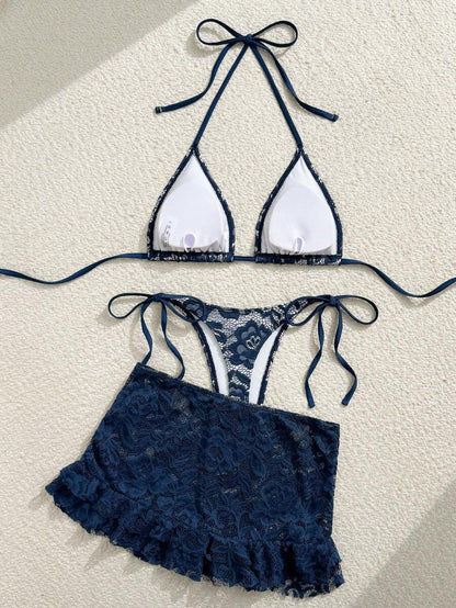 Women's 3-Piece Lace Bikini Set - Flounce Mini Skirt, Triangle Bra, G-String, Black