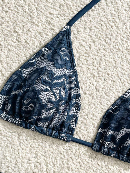 Women's 3-Piece Lace Bikini Set - Flounce Mini Skirt, Triangle Bra, G-String, Black