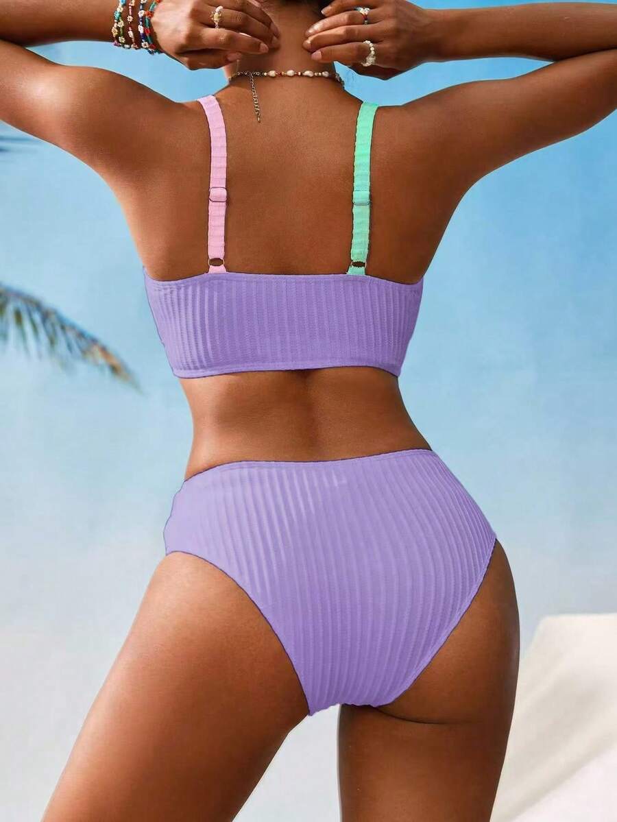 Women's V-Neck Textured Tankini Set - Ruched, Spaghetti Strap, High Waist, Multicolor