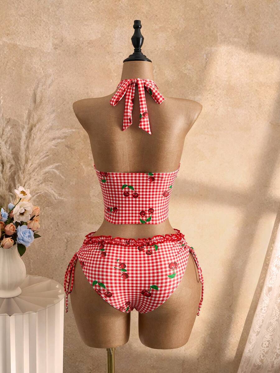 Women's 2-Piece Polka Dot Bikini Set - Ruffle Trim, Halter, Cropped Top, Black