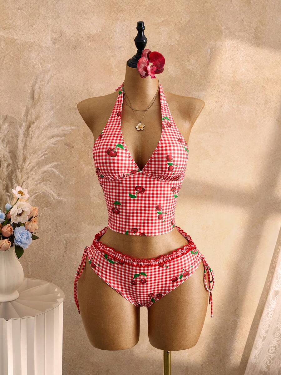 Women's 2-Piece Polka Dot Bikini Set - Ruffle Trim, Halter, Cropped Top, Black