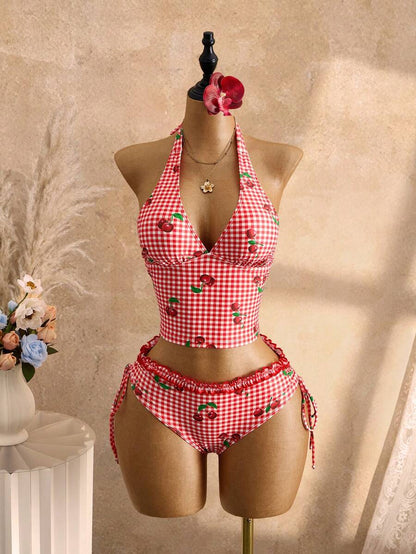 Women's 2-Piece Polka Dot Bikini Set - Ruffle Trim, Halter, Cropped Top, Black
