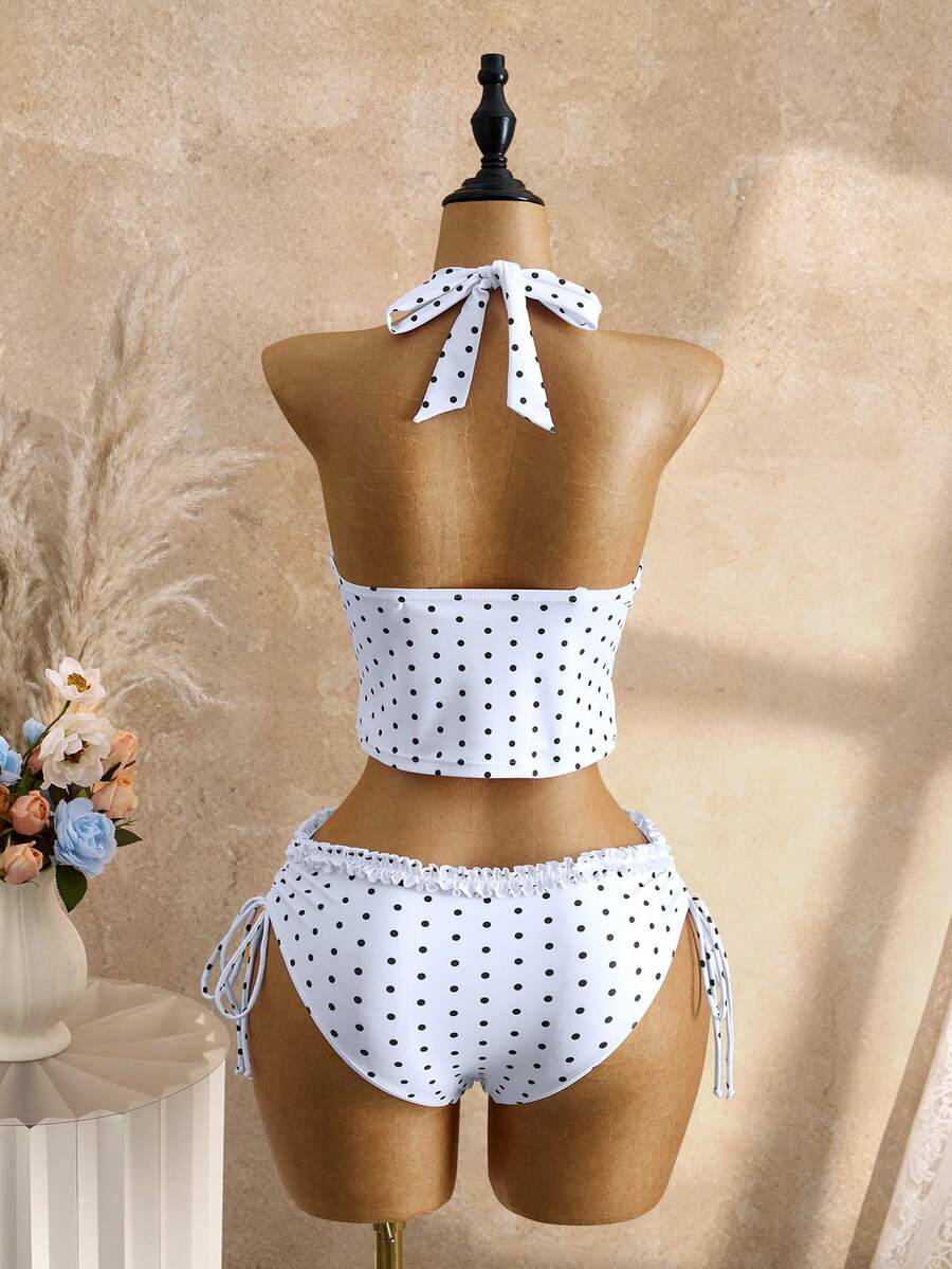 Women's 2-Piece Polka Dot Bikini Set - Ruffle Trim, Halter, Cropped Top, Black