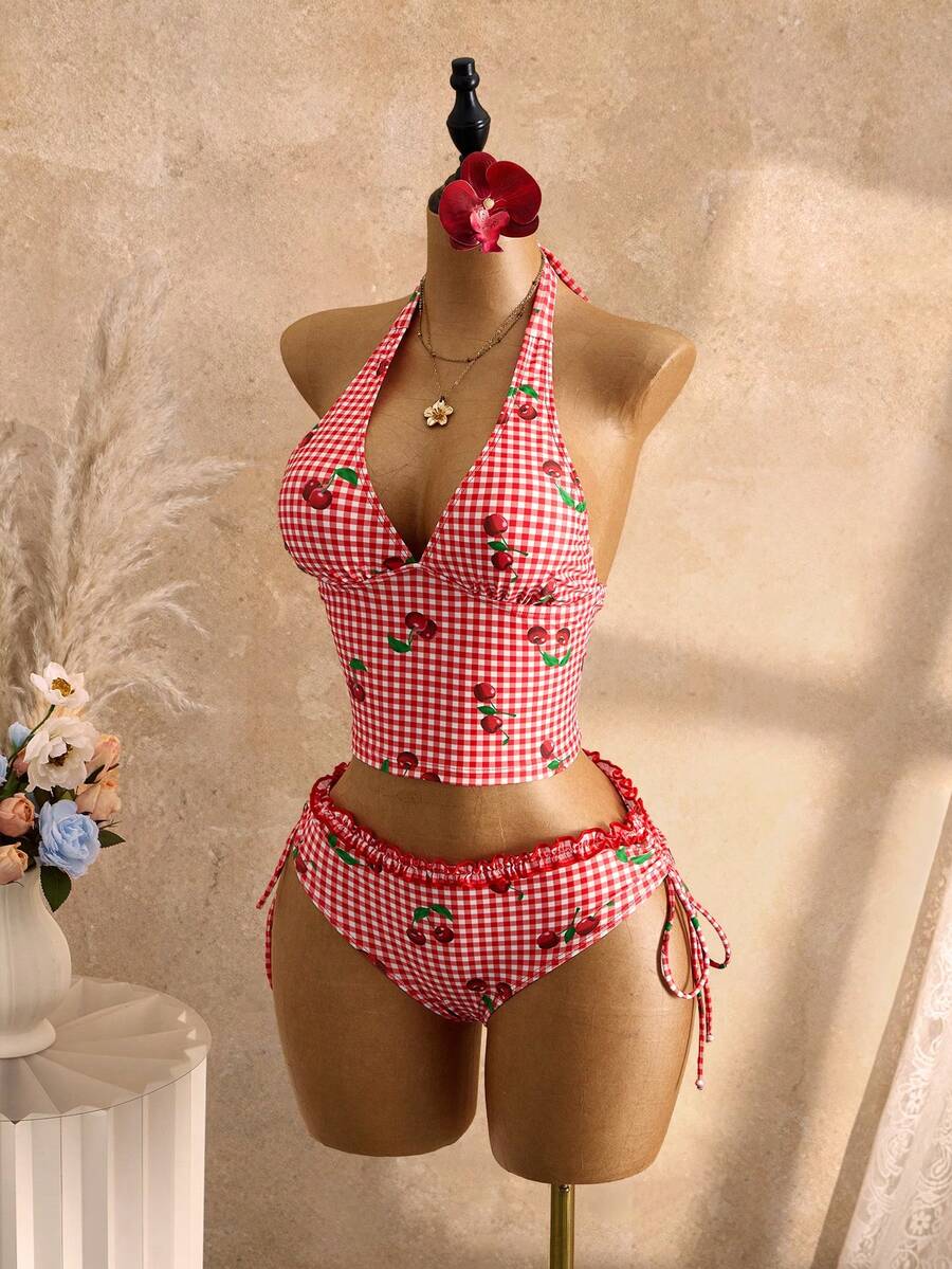 Women's 2-Piece Polka Dot Bikini Set - Ruffle Trim, Halter, Cropped Top, Black