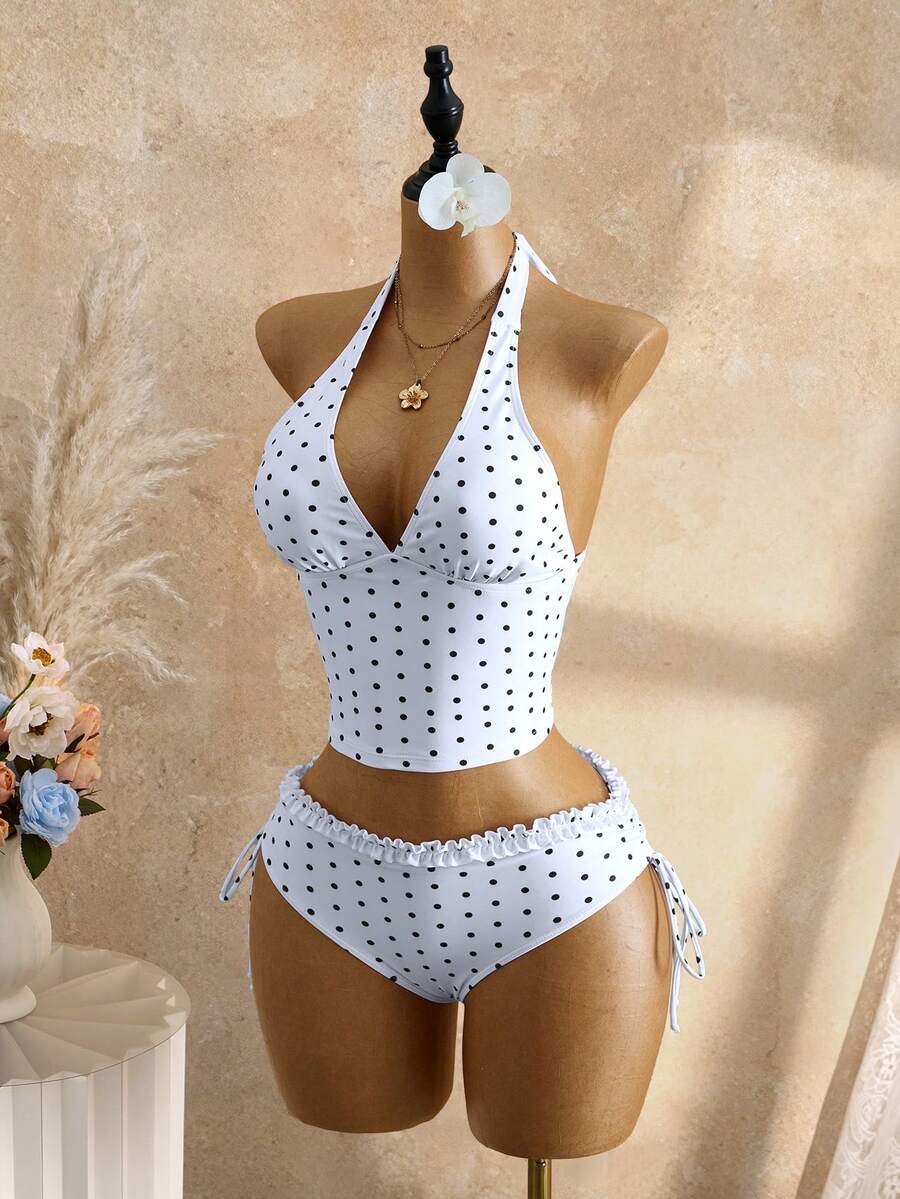 Women's 2-Piece Polka Dot Bikini Set - Ruffle Trim, Halter, Cropped Top, Black