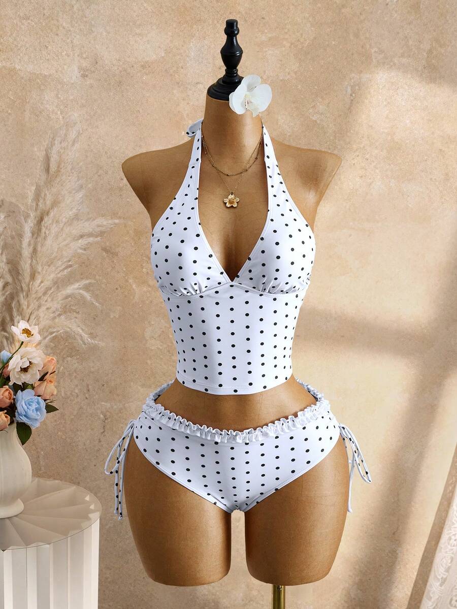 Women's 2-Piece Polka Dot Bikini Set - Ruffle Trim, Halter, Cropped Top, Black