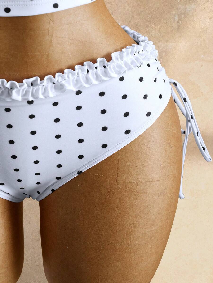 Women's 2-Piece Polka Dot Bikini Set - Ruffle Trim, Halter, Cropped Top, Black