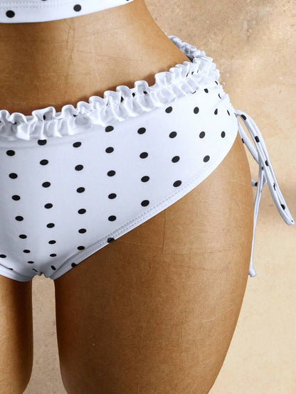 Women's 2-Piece Polka Dot Bikini Set - Ruffle Trim, Halter, Cropped Top, Black