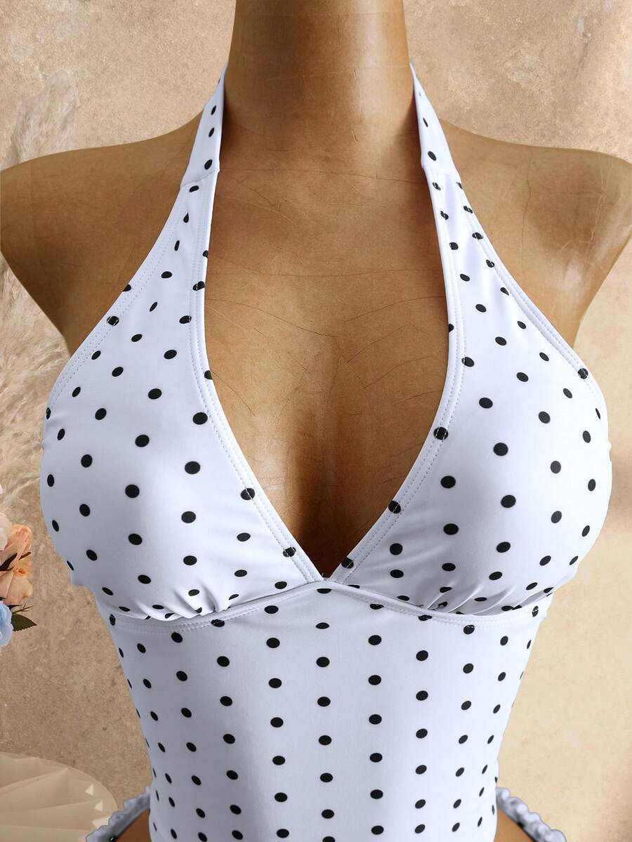 Women's 2-Piece Polka Dot Bikini Set - Ruffle Trim, Halter, Cropped Top, Black