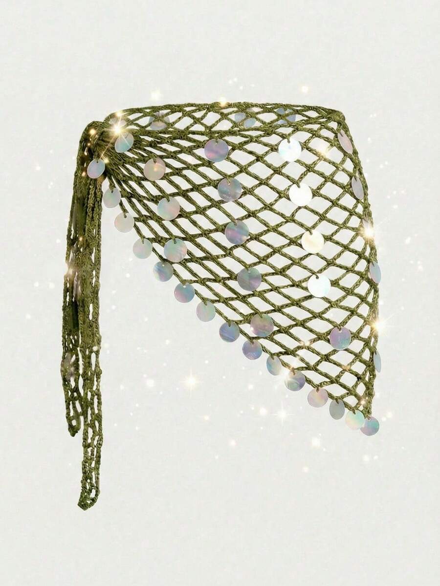 Swim Vcay Women's Crochet Sequin Laser Sheer Sarong Skirt, Suitable For Beach Holiday, Resort, Party, Music Festival Holiday Gold Summer
