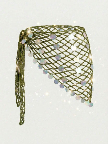 Swim Vcay Women's Crochet Sequin Laser Sheer Sarong Skirt, Suitable For Beach Holiday, Resort, Party, Music Festival Holiday Gold Summer