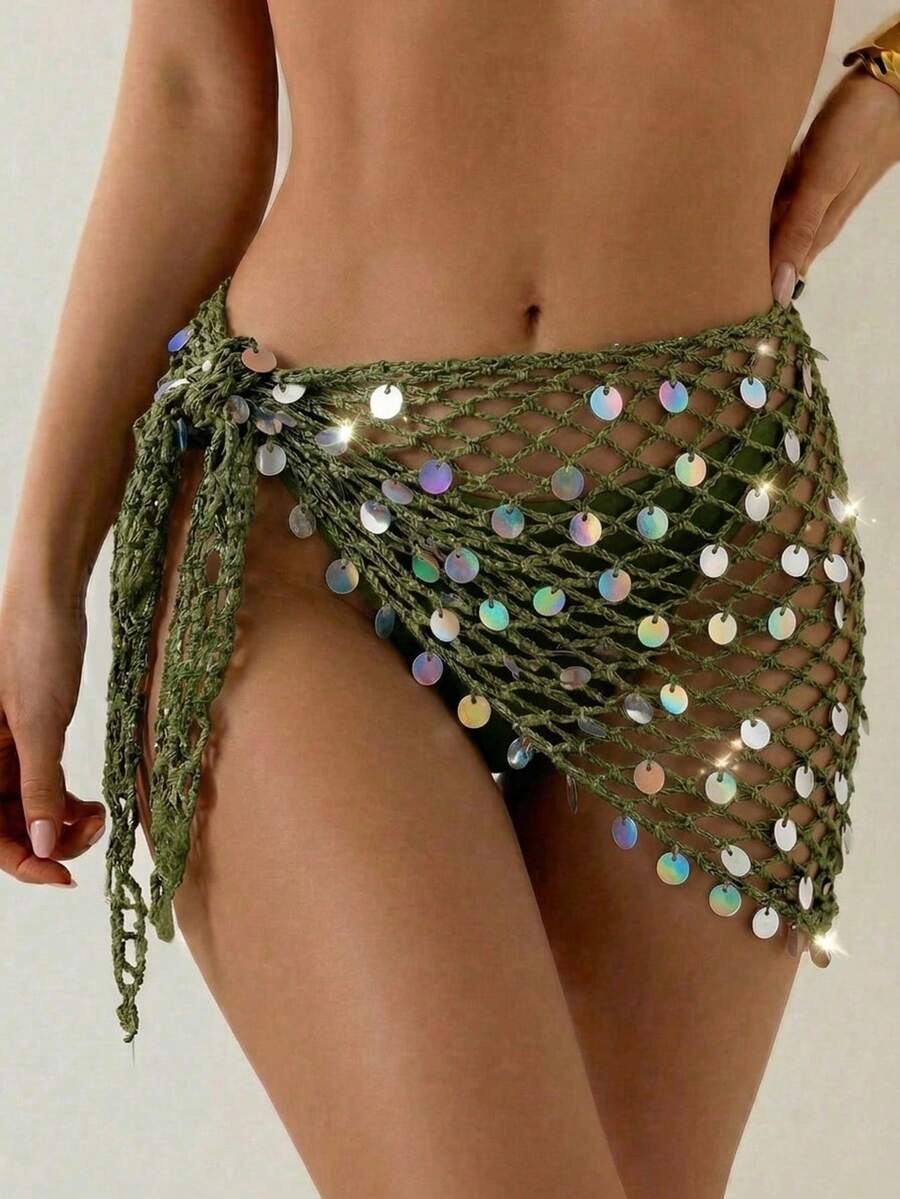 Swim Vcay Women's Crochet Sequin Laser Sheer Sarong Skirt, Suitable For Beach Holiday, Resort, Party, Music Festival Holiday Gold Summer