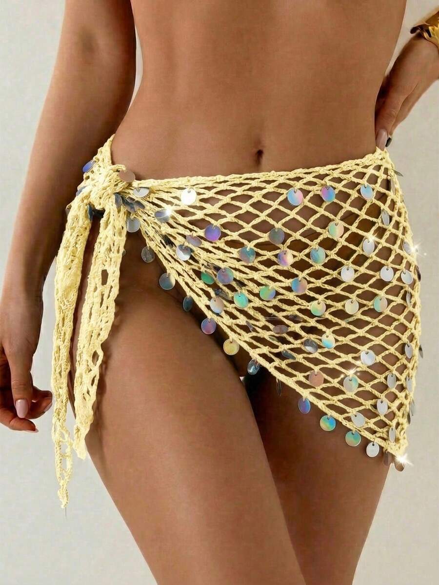 Swim Vcay Women's Crochet Sequin Laser Sheer Sarong Skirt, Suitable For Beach Holiday, Resort, Party, Music Festival Holiday Gold Summer