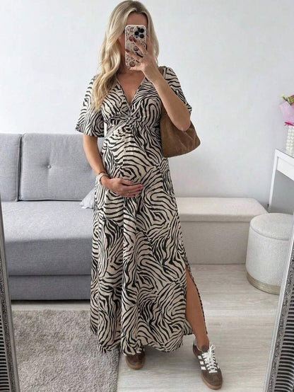 Khaki Zebra Print Maternity Maxi Dress - V-Neck Batwing Sleeve High Waist Side Slit Gown - Elegant Slim Fit Pregnant Women Vacation Dress