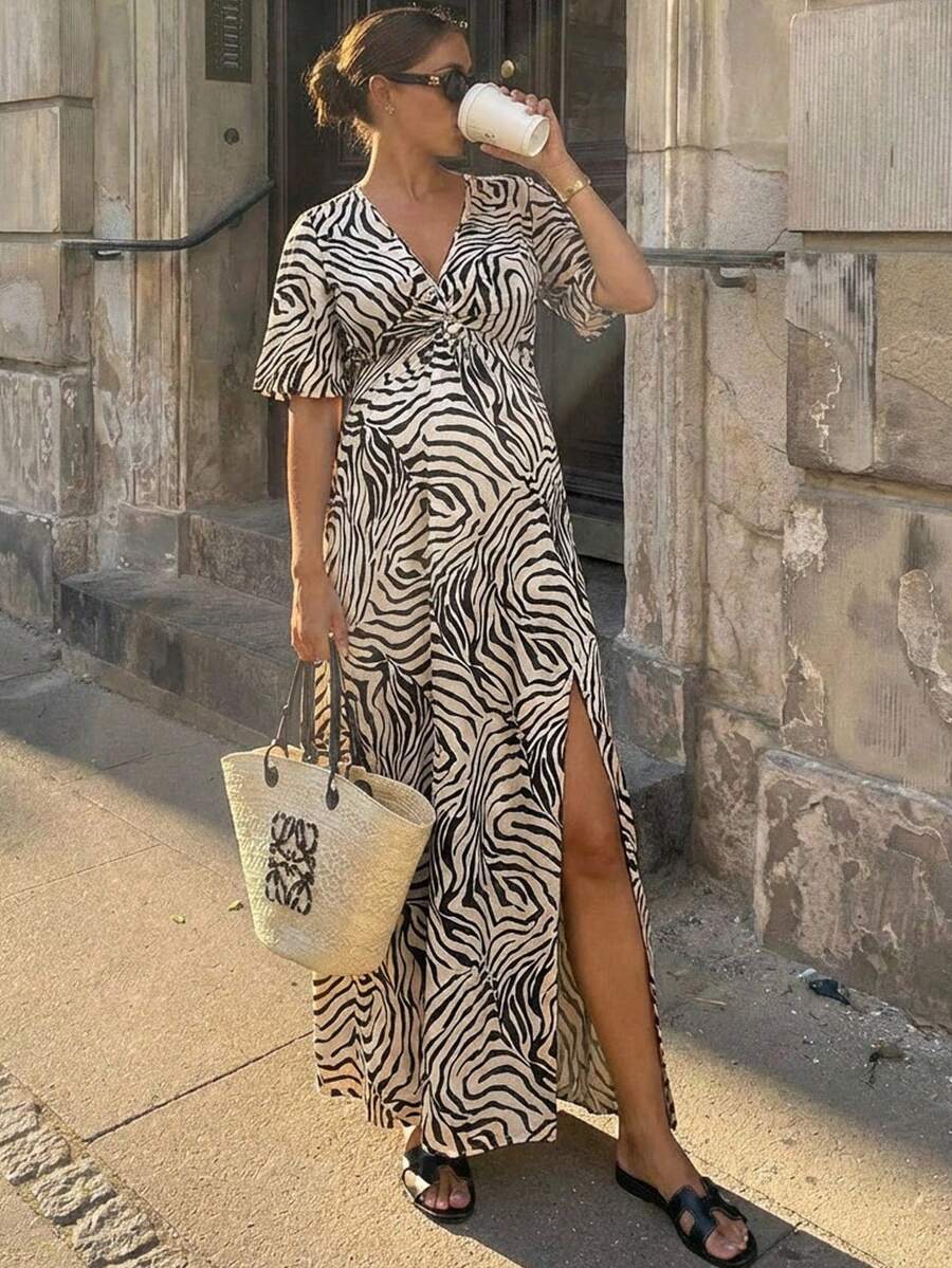 Khaki Zebra Print Maternity Maxi Dress - V-Neck Batwing Sleeve High Waist Side Slit Gown - Elegant Slim Fit Pregnant Women Vacation Dress