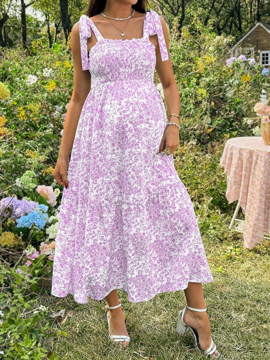 Maternity Blue and White Ditsy Floral Square Neck Sleeveless Midi Dress with Shirred Bodice for Beach and Summer