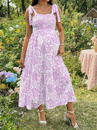 Maternity Blue and White Ditsy Floral Square Neck Sleeveless Midi Dress with Shirred Bodice for Beach and Summer