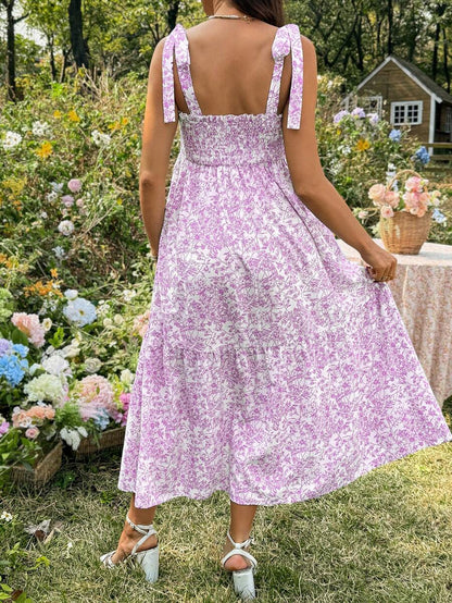 Maternity Blue and White Ditsy Floral Square Neck Sleeveless Midi Dress with Shirred Bodice for Beach and Summer