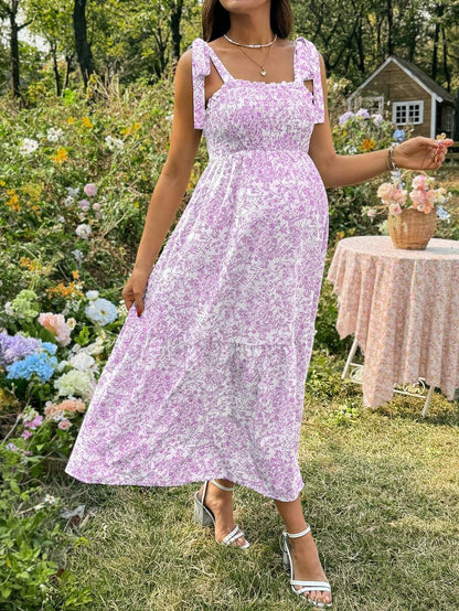 Maternity Blue and White Ditsy Floral Square Neck Sleeveless Midi Dress with Shirred Bodice for Beach and Summer