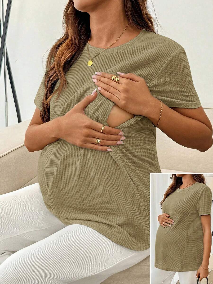 Black Short Sleeve Maternity Nursing Top with Zipper Detail Loose Fit Round Neck Soft Knitted Casual Home Wear Shirt