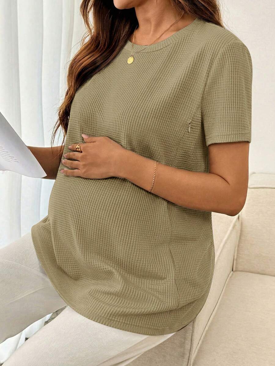 Black Short Sleeve Maternity Nursing Top with Zipper Detail Loose Fit Round Neck Soft Knitted Casual Home Wear Shirt