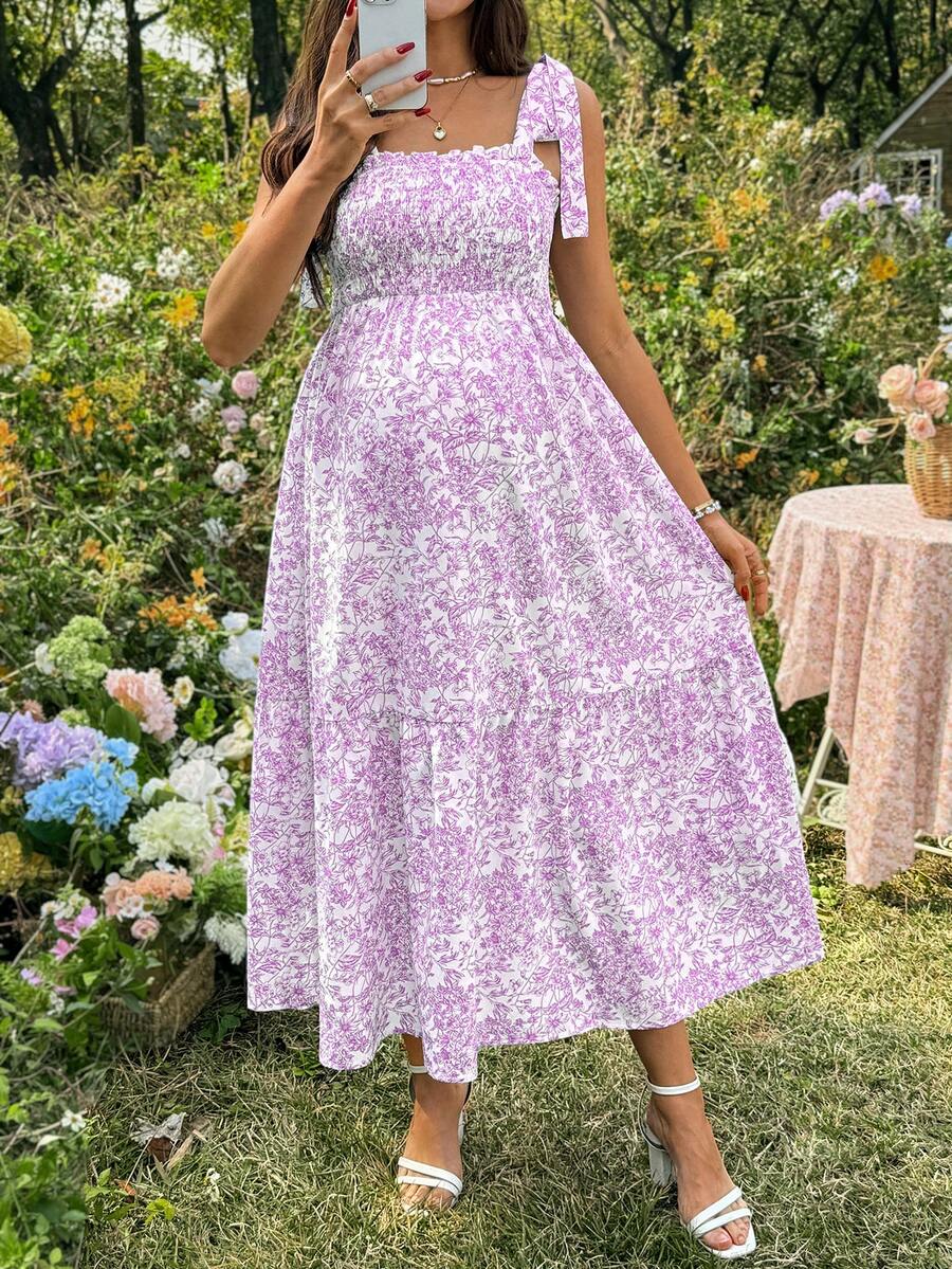 Maternity Blue and White Ditsy Floral Square Neck Sleeveless Midi Dress with Shirred Bodice for Beach and Summer