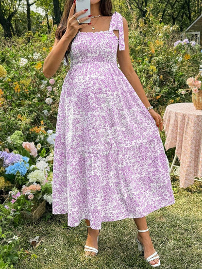 Maternity Blue and White Ditsy Floral Square Neck Sleeveless Midi Dress with Shirred Bodice for Beach and Summer