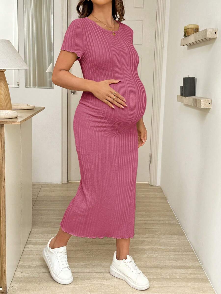 Maternity Bodycon Midi Dress - Round Neck, Short Sleeve, Side Slit, Slim Fit, Light Grey