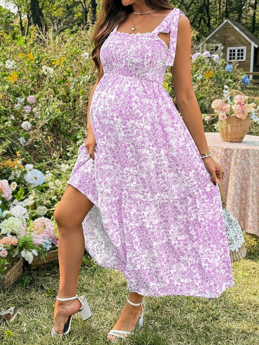 Maternity Blue and White Ditsy Floral Square Neck Sleeveless Midi Dress with Shirred Bodice for Beach and Summer