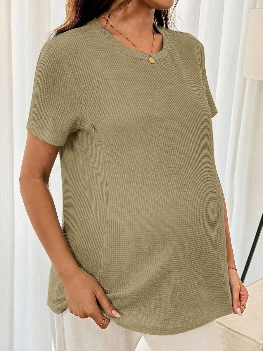 Black Short Sleeve Maternity Nursing Top with Zipper Detail Loose Fit Round Neck Soft Knitted Casual Home Wear Shirt