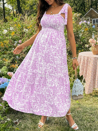 Maternity Blue and White Ditsy Floral Square Neck Sleeveless Midi Dress with Shirred Bodice for Beach and Summer
