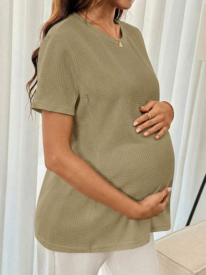 Black Short Sleeve Maternity Nursing Top with Zipper Detail Loose Fit Round Neck Soft Knitted Casual Home Wear Shirt