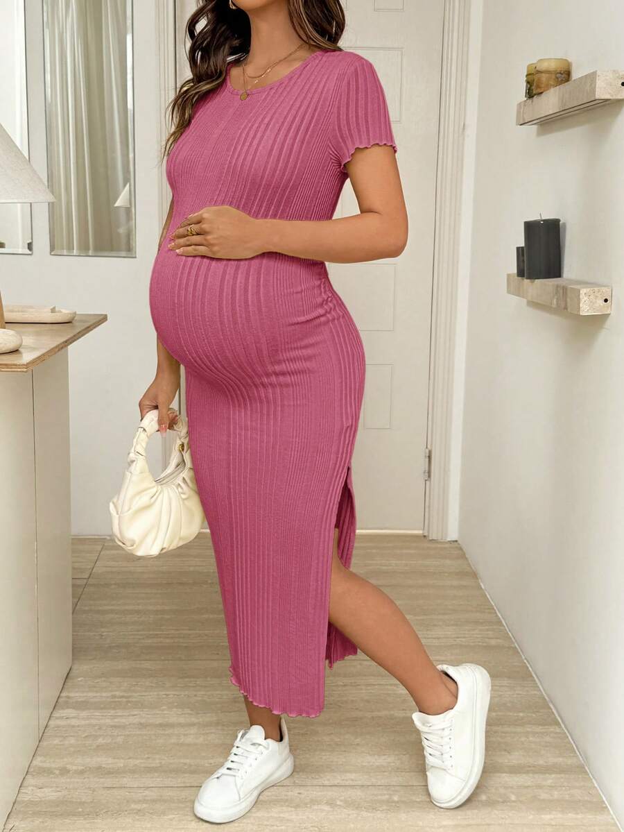 Maternity Bodycon Midi Dress - Round Neck, Short Sleeve, Side Slit, Slim Fit, Light Grey