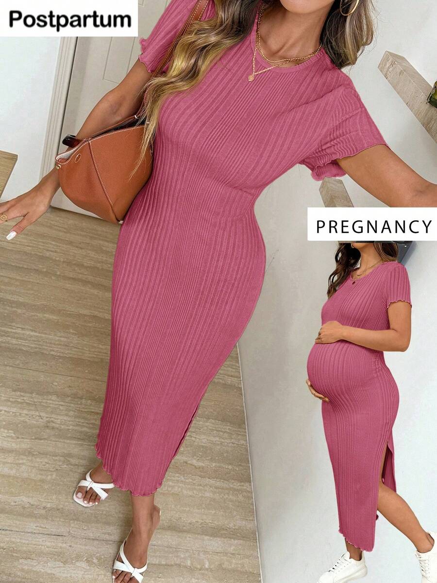 Maternity Bodycon Midi Dress - Round Neck, Short Sleeve, Side Slit, Slim Fit, Light Grey